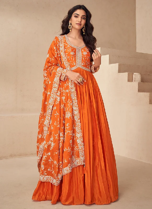 New Deals Tangerine Orange Traditional Embroidery Anarkali Gown Dress