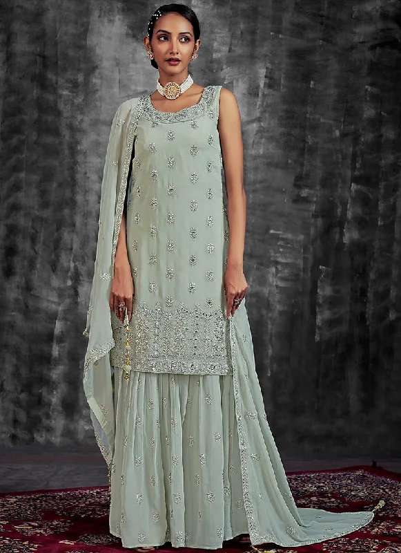 Quick Sale Pista Green Mirror Work Embroidery Georgette Gharara Suit