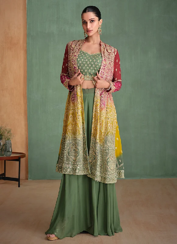 Deal Alert Pink And Green Ombre Embroidered Jacket Style Sharara Suit