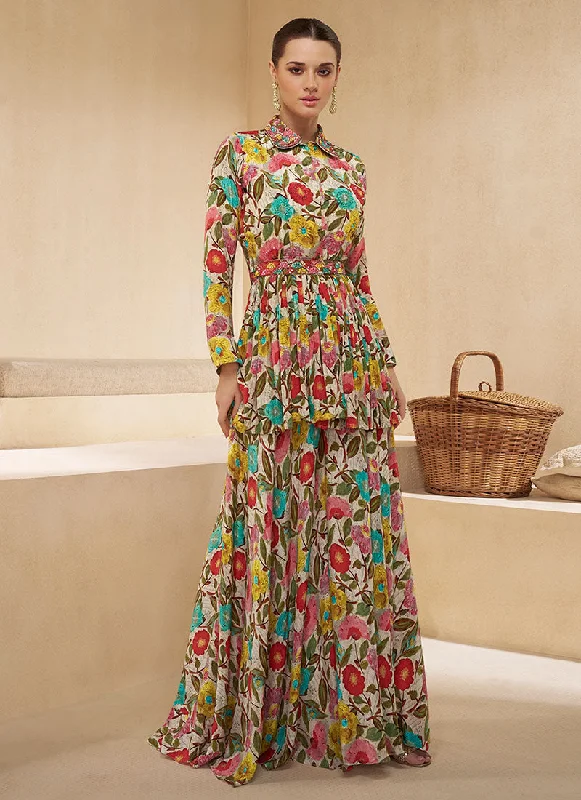 Mega Sale Beige Multicolored Sequence Embroidery Floral Sharara Suit