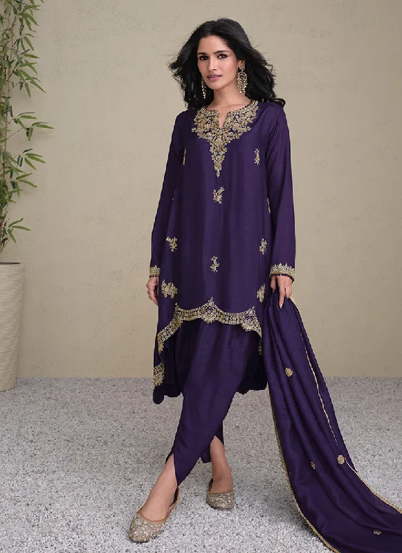 Closeout Sale Purple Embroidered Asymmetrical Pant Style Suit