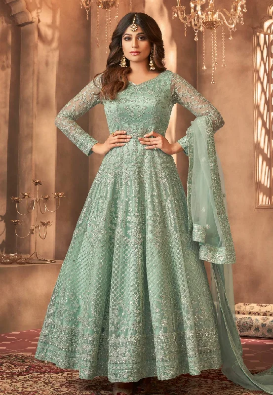 Closeout Mint Green Multi Embroidered Wedding Anarkali Gown