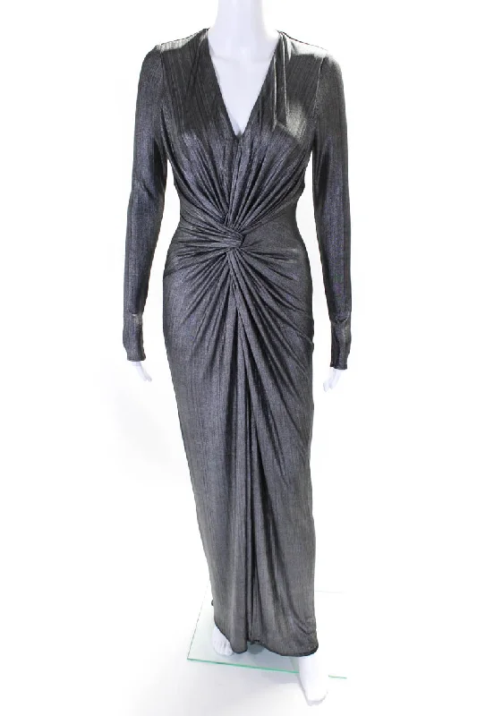 Can't Miss Katie May Womens Metallic Long Sleeve Knotted Cut Out Long Dress Silver