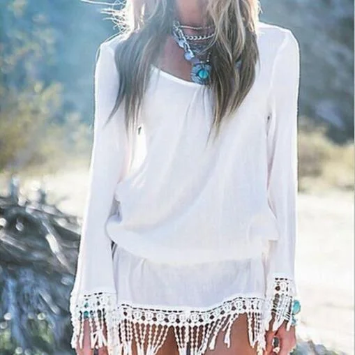 Limited Edition Sexy Long Sleeves V-neck Fringe Beach Cover Up Dress