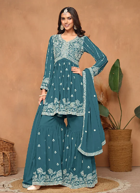 Online Only Turquoise Thread Embroidery Georgette Gharara Suit