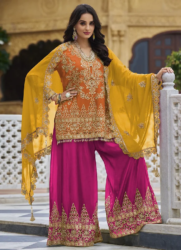 Season Finale Sale Orange And Pink Traditional Embroidery Sharara Style Suit