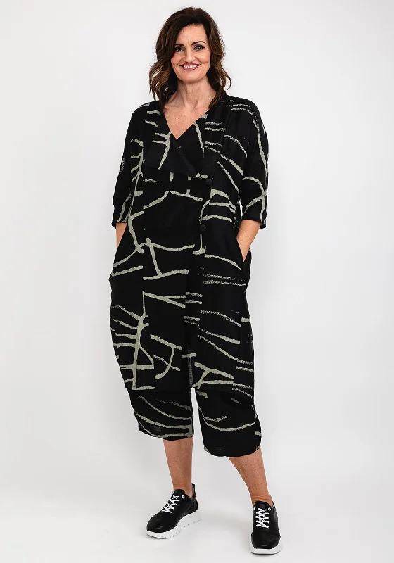 Elsewhere Abstract Print Linen Long Jacket, Black & Khaki