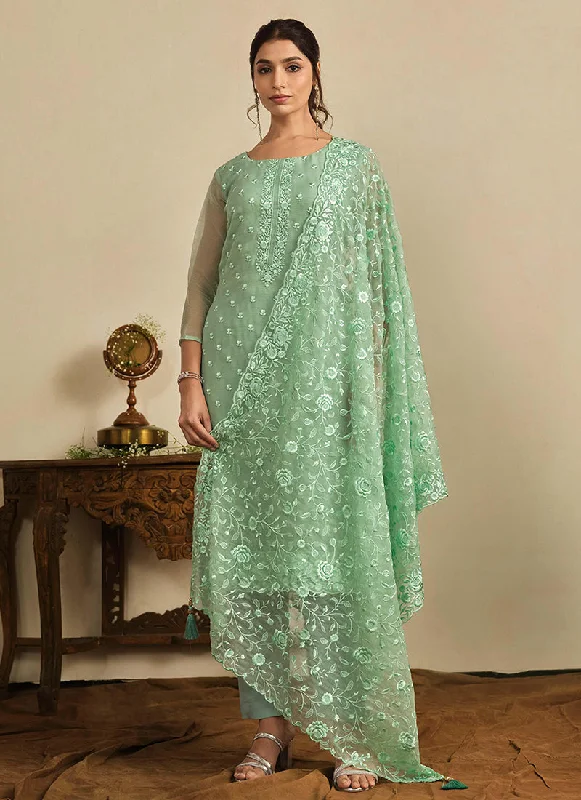 Super Bargain Green Thread Work Embroidery Pakistani Pant Suit