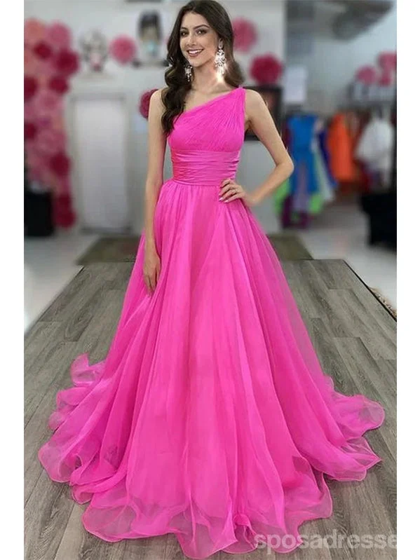 Huge Discounts Pink A-line One Shoulder Cheap Long Prom Dresses, Evening Party Dresses,12891