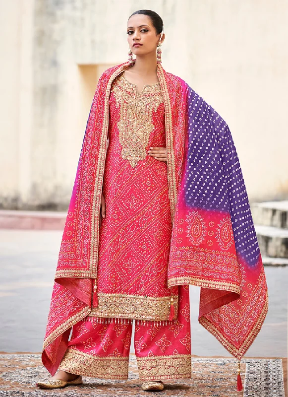 Price Reduction Pink And Purple Mirror Embroidery Bandhani Palazzo Suit