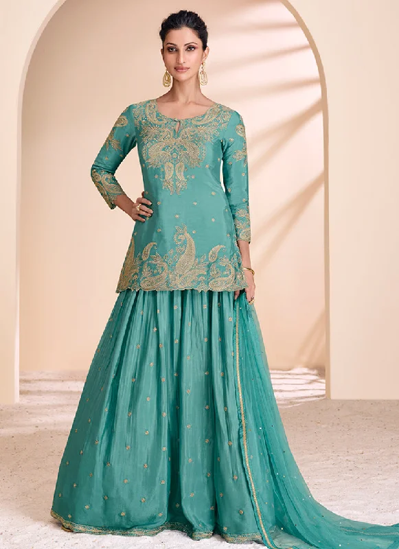 Steals and Deals Aqua Blue Embroidered Lehenga Kurti