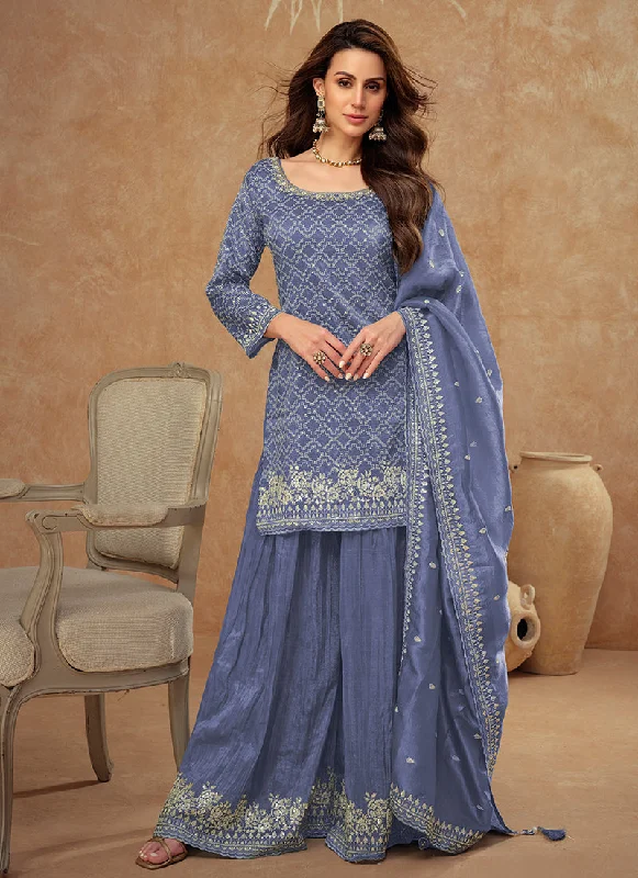 Deep Discounts Voilet Blue Embroidery Party Wear Sharara Suit