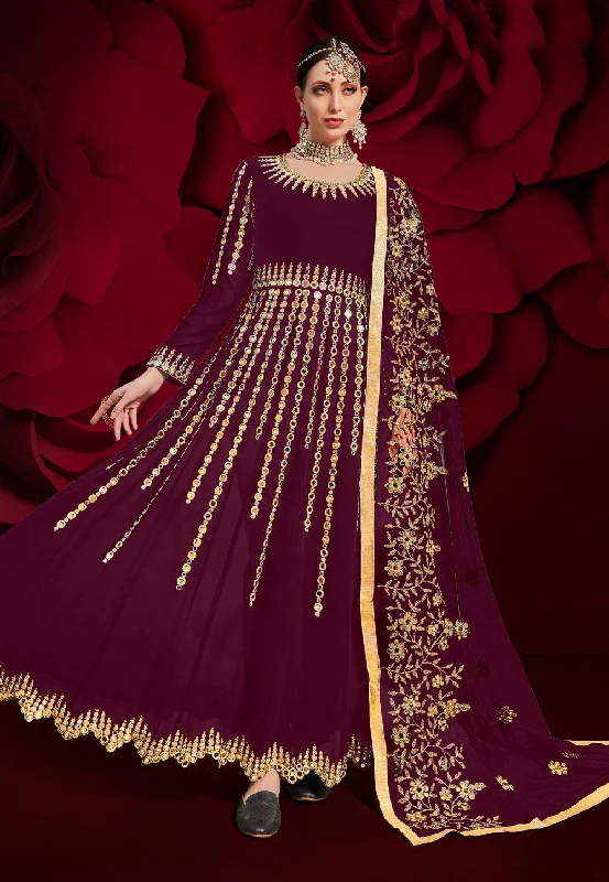 Bonus Savings Wine Golden Mirror Work Flared Anarkali Pant Suit