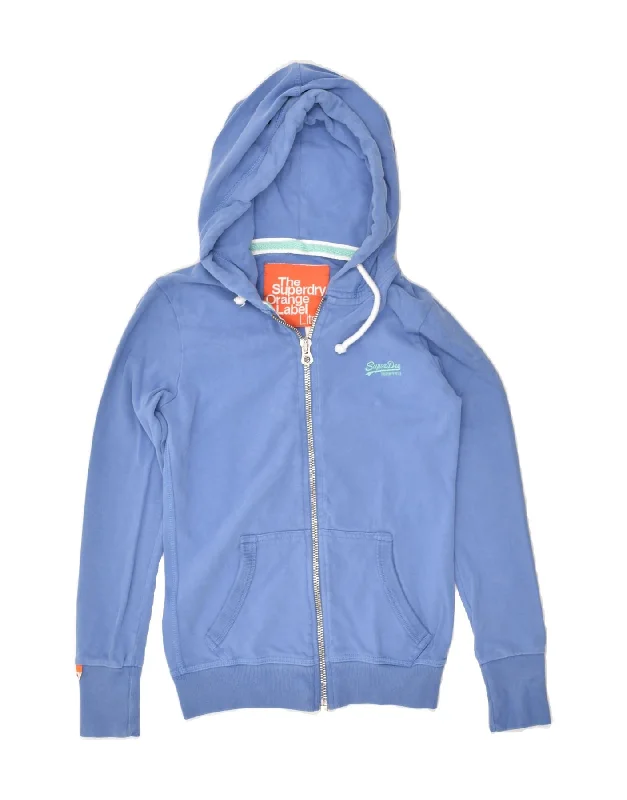 SUPERDRY Womens Zip Hoodie Sweater UK 6 XS Blue Cotton