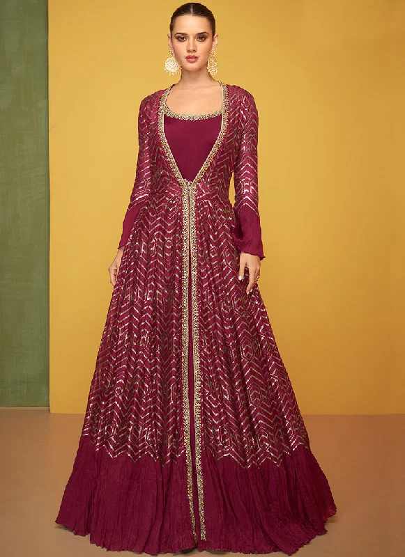 Limited Availability Maroon Embroidery Jacket Style Anarkali Gown