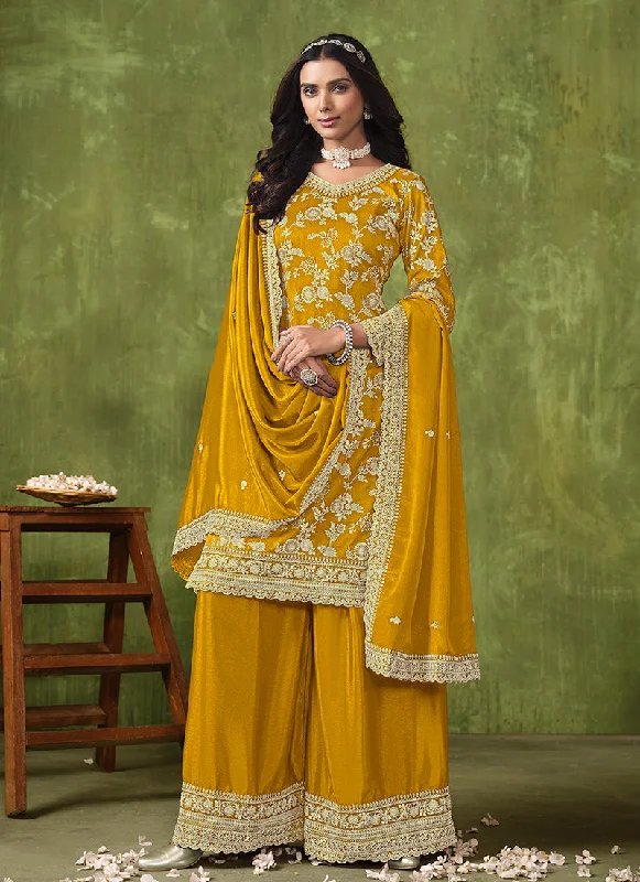 Deal Explosion Yellow Reshamkari Embroidery Festive Palazzo Suit