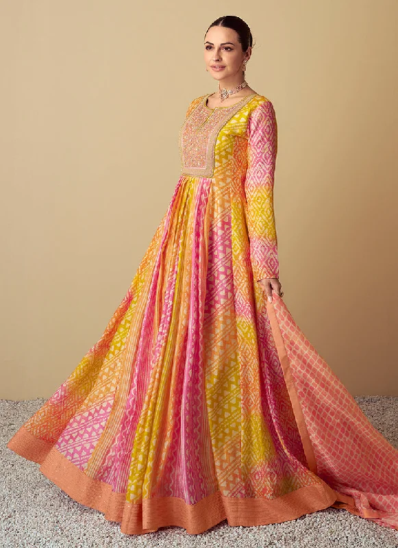 Special Savings Yellow And Peach Multi Embroidery Festive Anarkali Gown