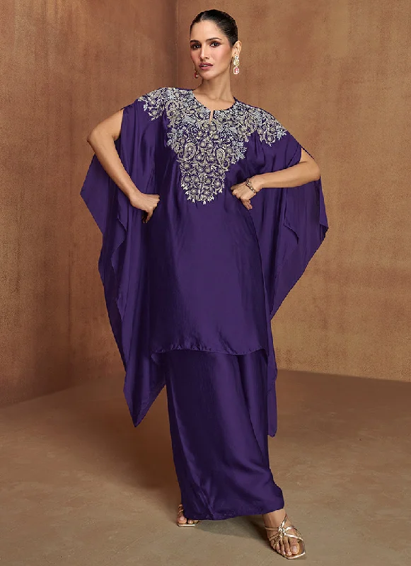 Epic Deals Violet Multi Embroidery Poncho Style Pant Suit