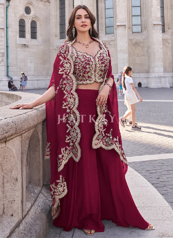 Customer Appreciation Sale Crimson Embroidered Cape Style Designer Palazzo Suit