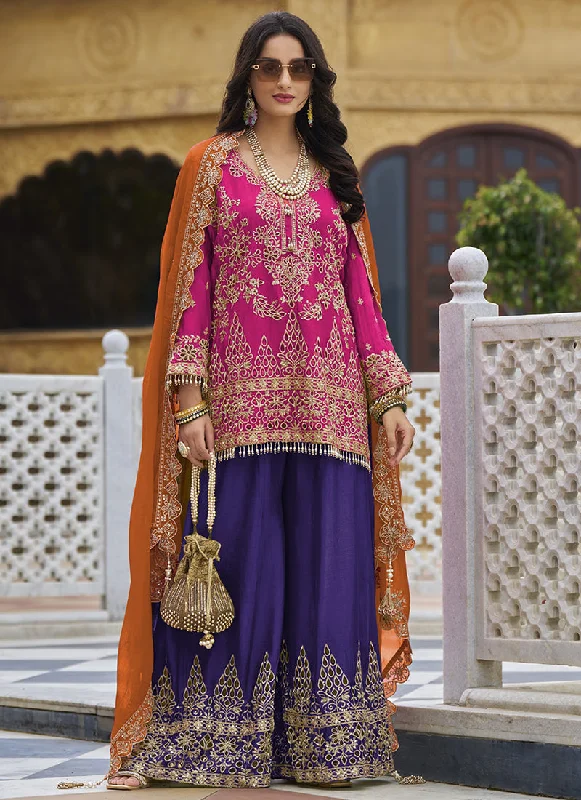 Year-End Sale Pink And Purple Traditional Embroidery Sharara Style Suit