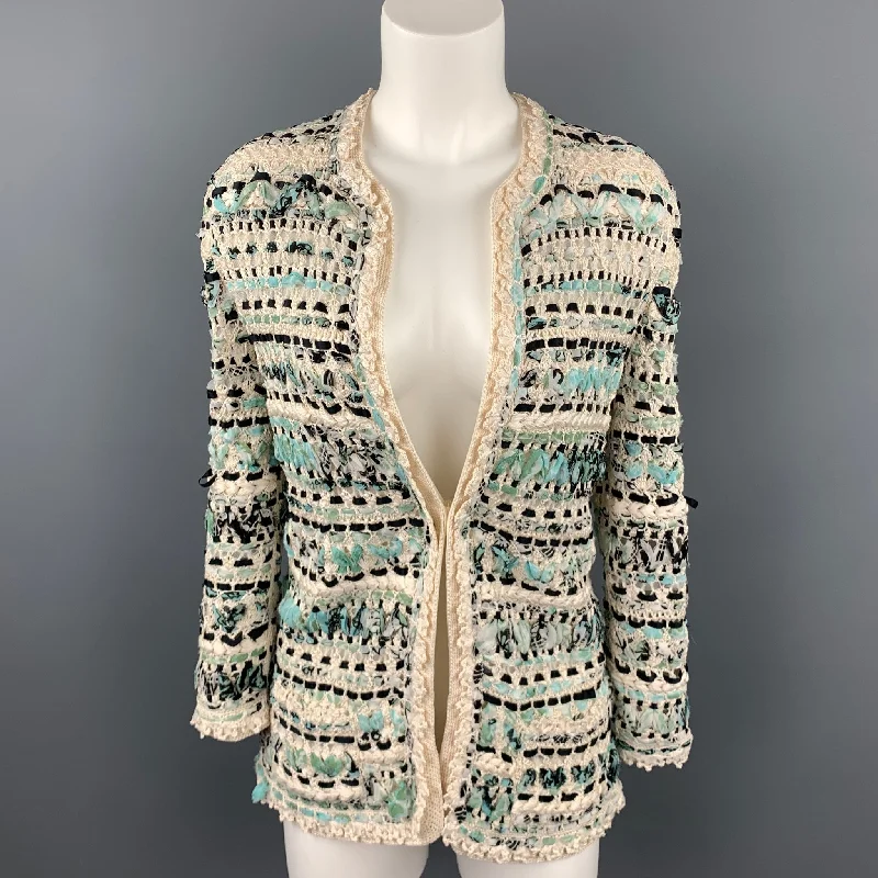 OSCAR DE LA RENTA Size S Cream & Teal Blue Woven Silk Crochet Cardigan Jacket