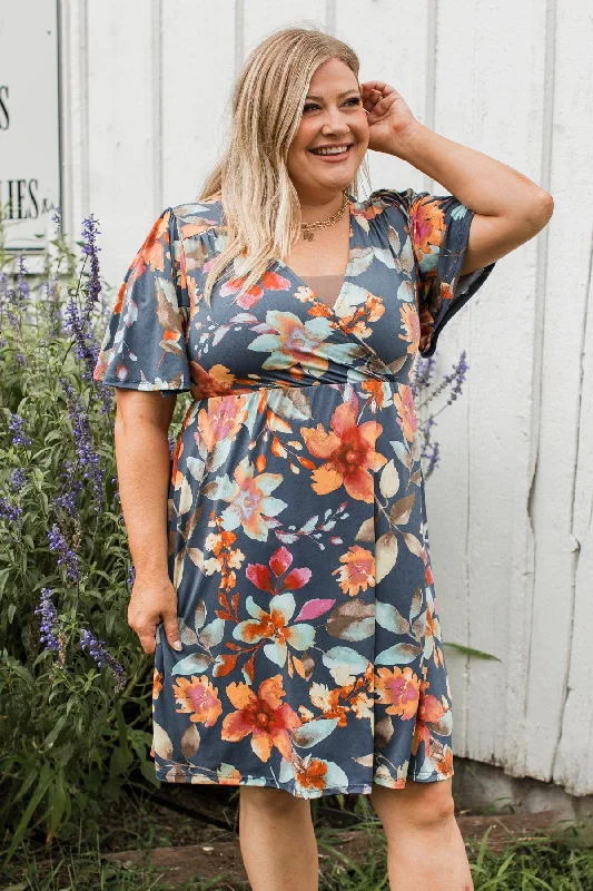 Extra Discounts Meet Me At Sunset Floral Dress- Navy