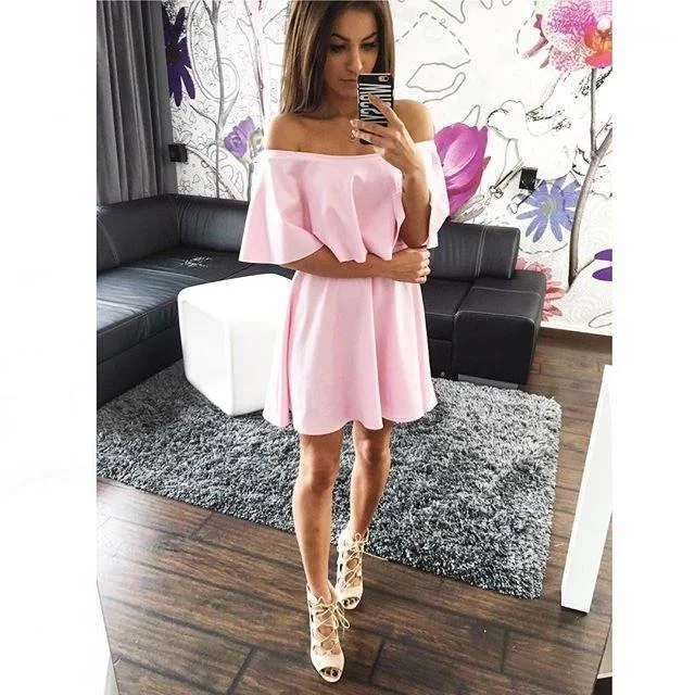 Sale Event Off Shoulder Pure Color Short Sleeves Sexy Short Dress