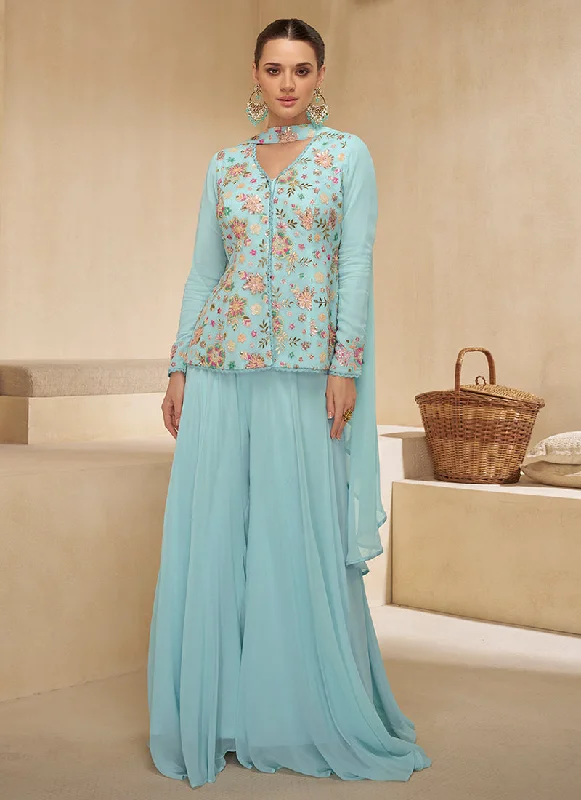 Lowest Price Sky Blue Multi Embroidery Party Wear Sharara Suit