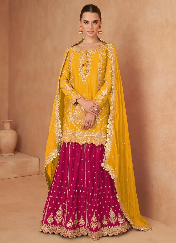 Clearance Event Yellow And Magenta Embroidered Wedding Lehenga Kurti