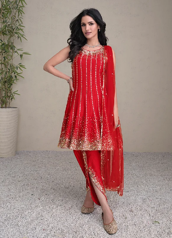 Price Buster Red Golden Sequence Embroidered Anarkali Pant Style Suit