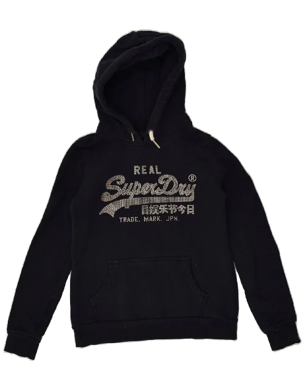 SUPERDRY Womens Graphic Hoodie Jumper UK 10 Small Navy Blue Cotton