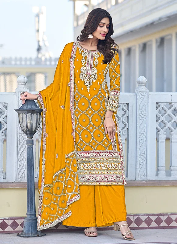 Daily Deals Yellow Multi Thread Embroidery Palazzo Style Suit