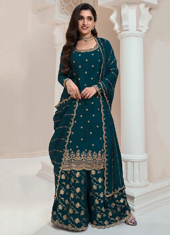 Super Sale Turquoise Traditional Embroidered Festive Palazzo Suit
