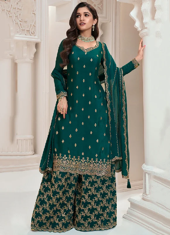 Weekend Deal Dark Green Traditional Embroidered Festive Palazzo Suit