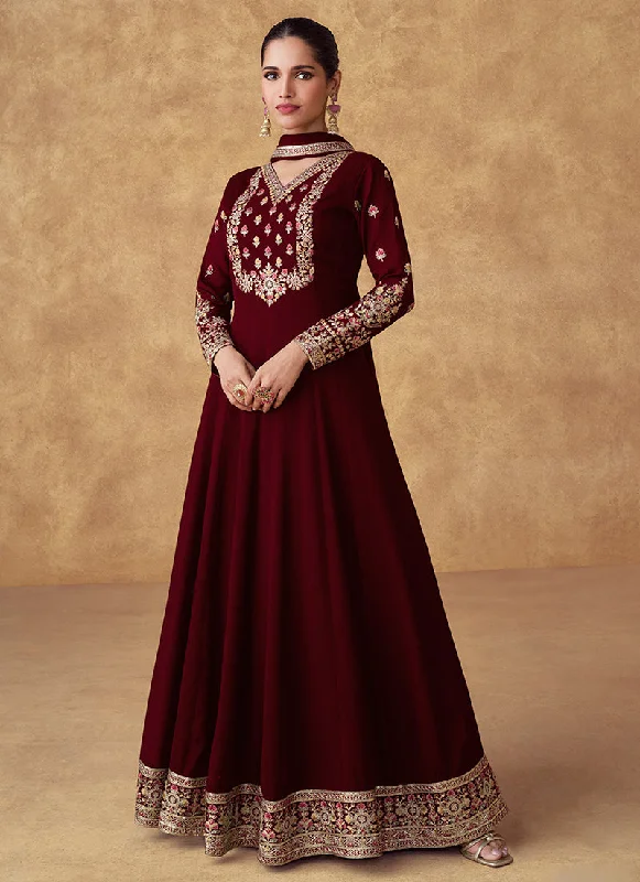 Doorbuster Deal Maroon Multi Embroidery Designer Anarkali Suit