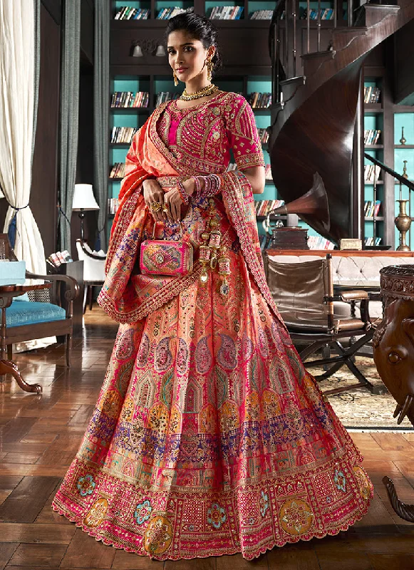 Instant Discount Pink Multicolored Embroidered Bridal Lehenga Choli