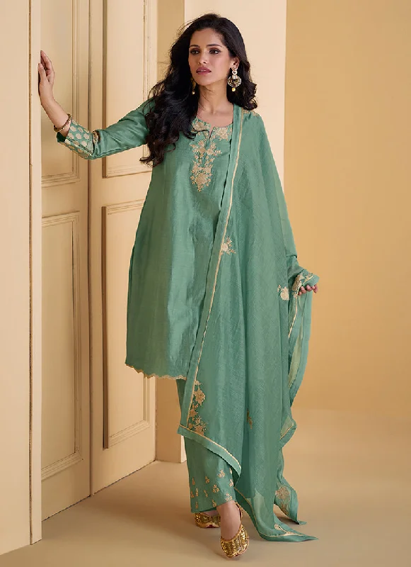 Best Bargains Green Embroidered Party Wear Pant Style Suit