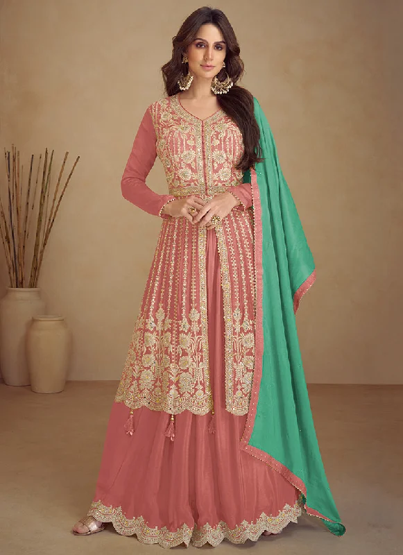 New Markdowns Peach And Green Traditional Embroidered Wedding Anarkali Palazzo Suit