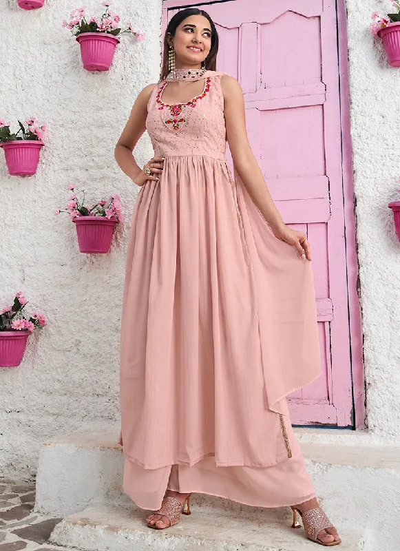 Best Bargains Peach Sequence Embroidered A-Line Palazzo Suit
