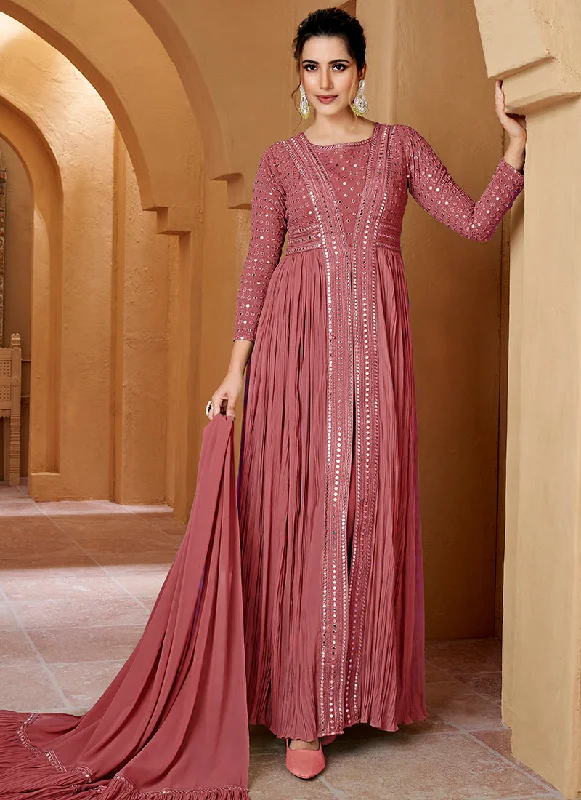 Massive Deals Rose Pink Mirror Work Embroidery Slit Style Anarkali Suit