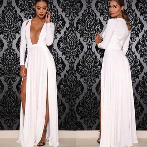 Great Deals Deep V-neck Split Long Sleeve Long Evening Dress