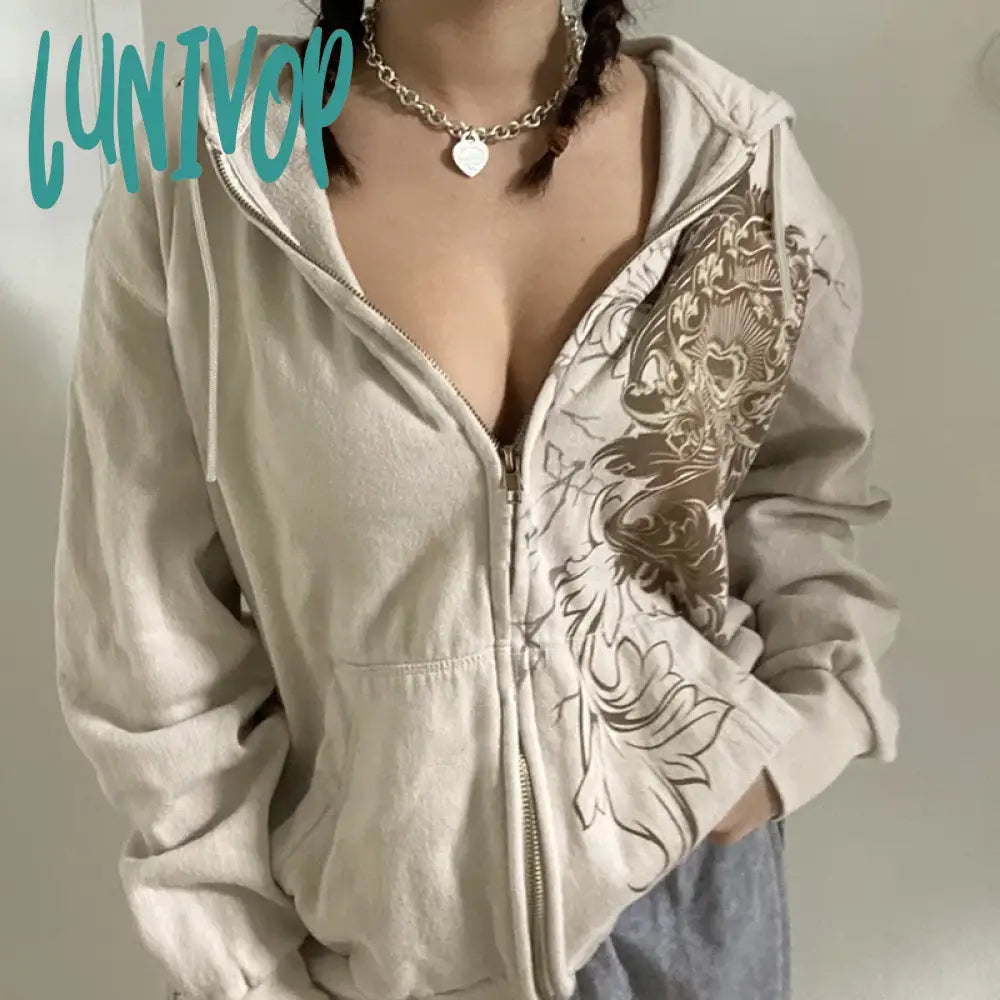 Lunivop Y2k Zip Up Hoodie Women Vintage 2000s Oversize Hooded Sweatshirts Graphic Grunge Streetwear Jacket Aesthetic Top