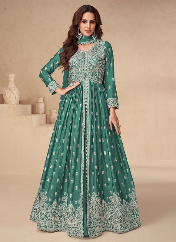 Stock Clearance Emerald Green Embroidered Slit Style Anarkali Lehenga