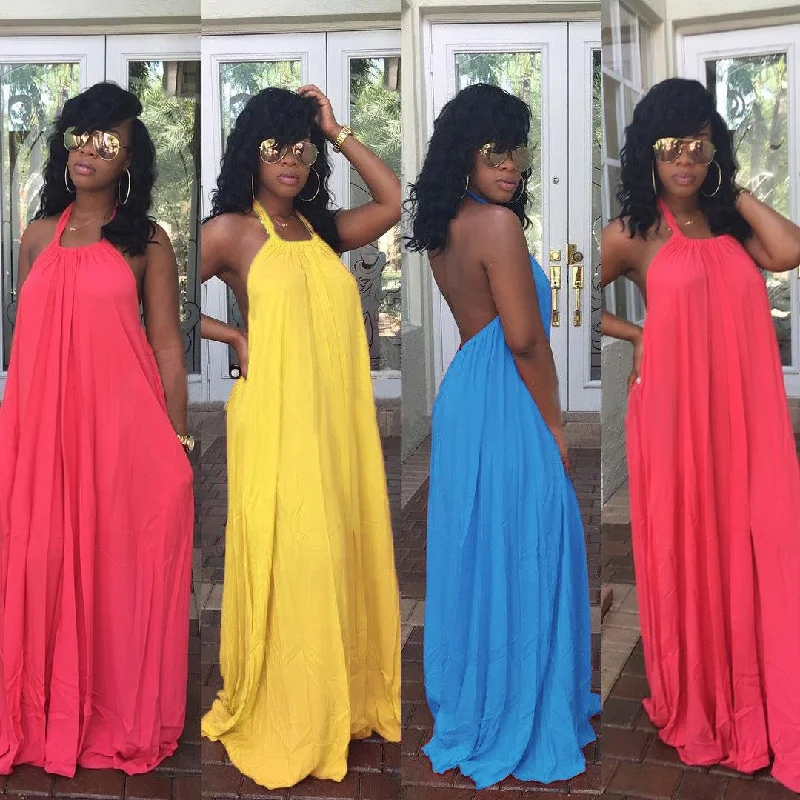 Lowest Price Candy Color Halter Backless Long Party Dress