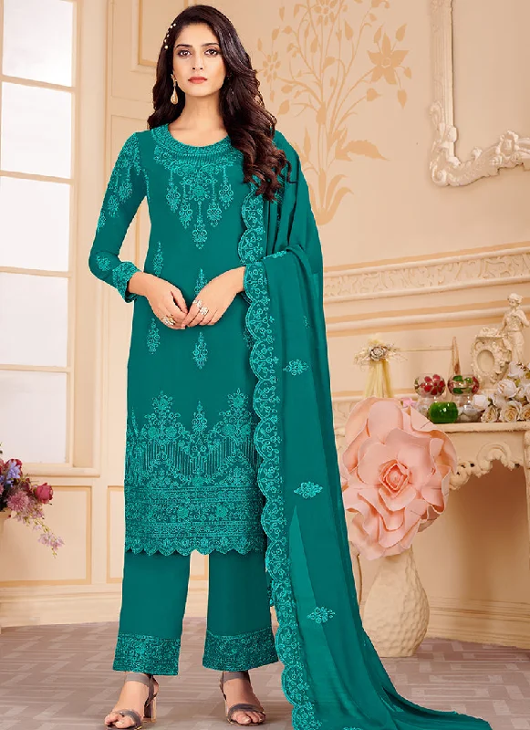 Super Sale Turquoise Georgette Embroidered Eid Salwar Kameez