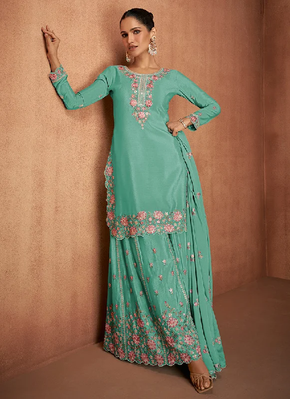 Weekend Deal Sea Green Multi Embroidery Party Wear Sharara Suit