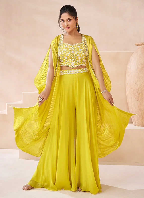 Huge Discounts Yellow Handwork Embroidery Cape Style Palazzo Set