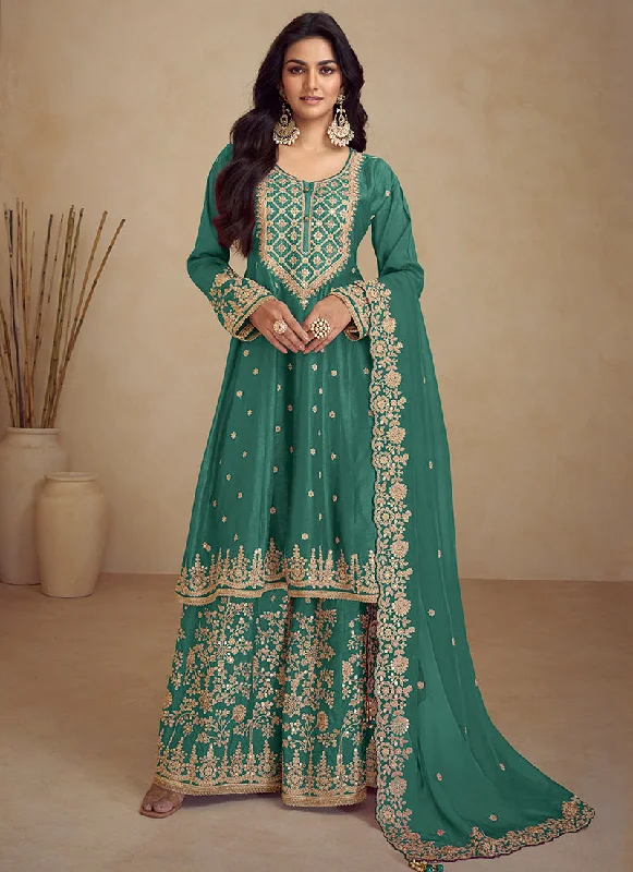 Members Only Green Embroidery Anarkali Sharara Suit