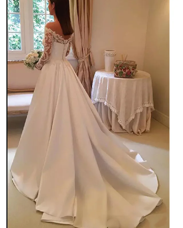 Inventory Reduction A Line Satin Lace Off the Shoulder Wedding Dresses Vintage Bridal Gown WD662