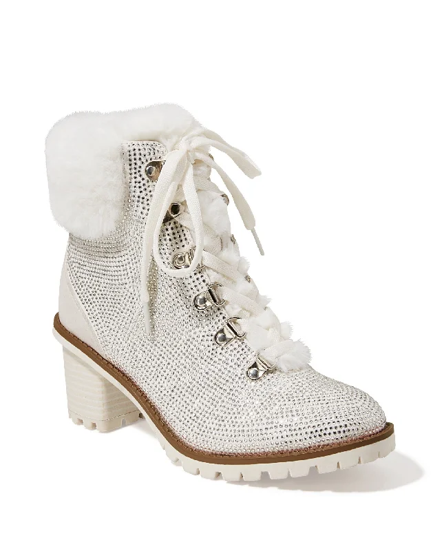 Deal Explosion Faux-Fur Embellished Heeled Bootie White